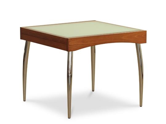 Tavolo mod. 513/70 telaio in legno di faggio, piano in vetro e gambe cromate, dim. 90x90+90 cm.