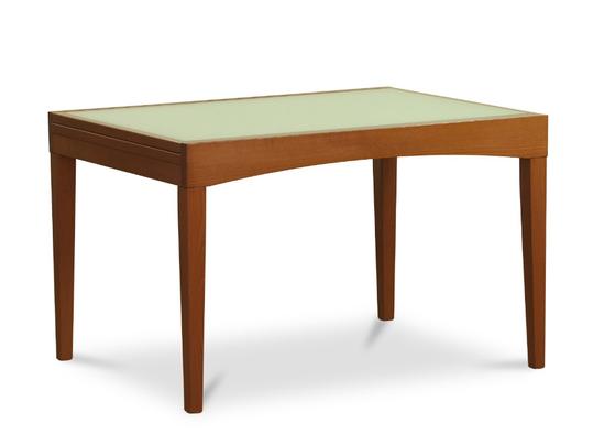 Tavolo mod. 514/70 in legno di faggio, piano in vetro, dim. 120x90+120 cm.