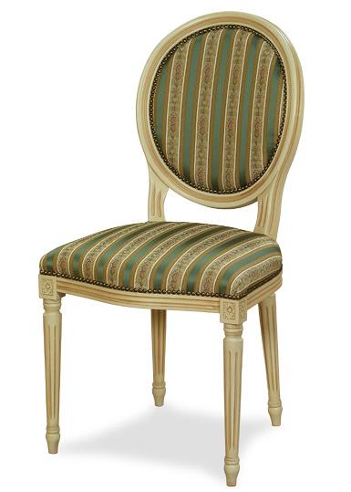 Sedia mod. Luigi XVI S in legno di faggio, sedile e schienale imbottiti, stile classico.