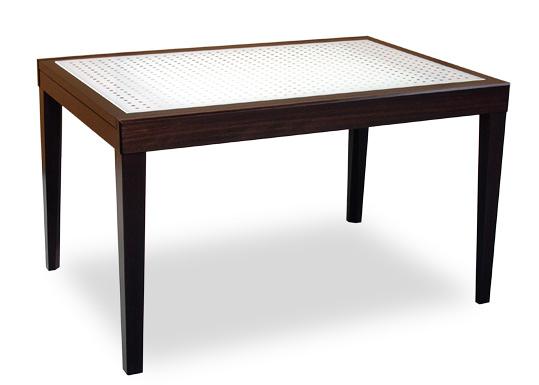 Tavolo mod. 504/70 in legno di faggio e piano in vetro, dim. 130x90+100 cm.